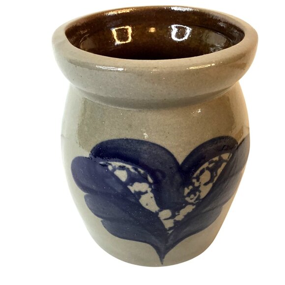 BBP BEAUMONT BROTHERS POTTERY Heart Crock Vase Salt Glaze Stoneware Blue 1990s - Picture 1 of 4